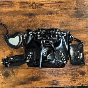 Black Faux Leather Bucket Bag with Silver Accents